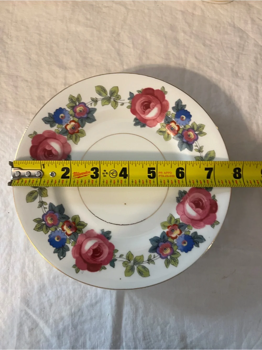 Antique phoenix china creamer, lidded sugar bowl, & 4 plates set, cottage rose